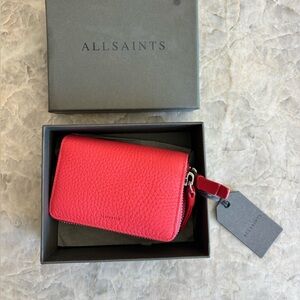 All Saints Leather Fetch Card Holder in Coral Pink, NWT.